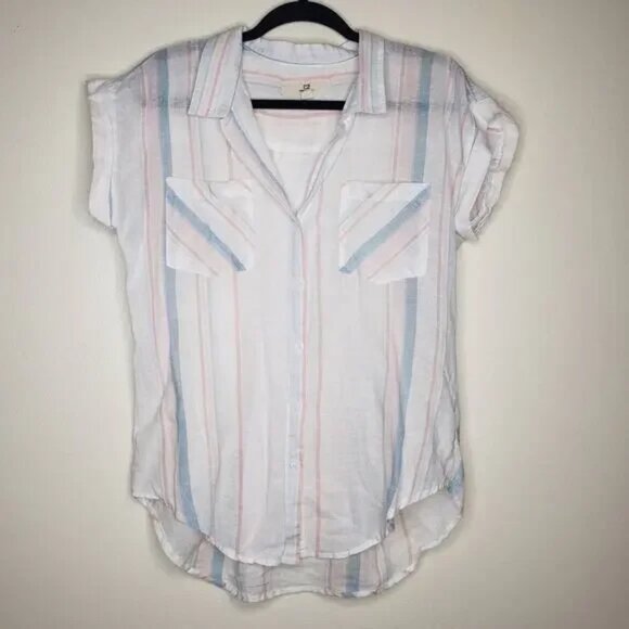 Thread & Supply| Blue Striped Button Down Linen Blouse - Picture 1 of 8